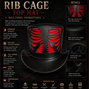 Sombrero de Copa Gótico Negro con Recortes de Huesos de Esqueleto y Forro Rojo, Disfraz Punk para Fiesta, Ajustable para Hombres, Mujeres y Adultos - Product Image 3