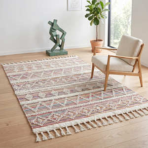 Boho Cotton Accent Rug with Textured Woven Surface and Contrast Fringe Detail - Product Image 5