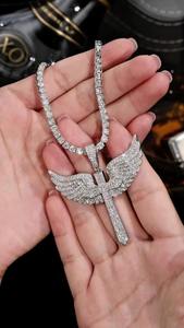 Hip Hop <b>Angel</b> Cross Pendant for Unisex Round Brilliant Cut Moissanite 925 Silver Bezel Set Religious Fine Jewelry Party <b>Charms</b> - Product Image 2