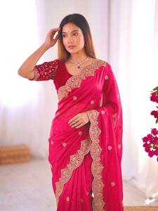 Sari de seda georgette suave y pesado para mujer con bordado C Pallu y borde con trabajo Zari, hecho en India - Product Image 6