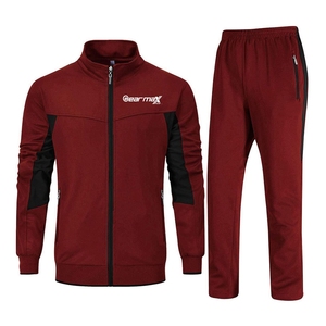 Ensemble de survêtement rouge uni pour homme, manches longues, fermeture éclair, col montant, sportif, respirant, coupe régulière, pour l'automne, avec poche latérale - Product Image 1