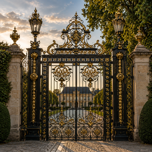 Portail de sécurité de luxe en fer forgé noir et or, avec motifs festonnés, pour entrée principale de grande villa et de manoir - Product Image 3
