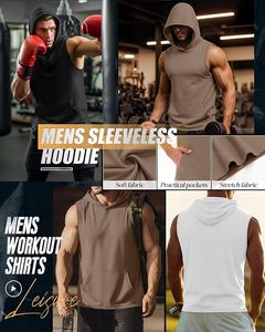 Custom <b>Sleeveless</b> <b>Hoodie</b> Low MOQ Hooded Vest Men Pullover Kangaroo Pocket Chocolate Brown Charcoal Grey Workout Streetwear Gym - Product Image 3
