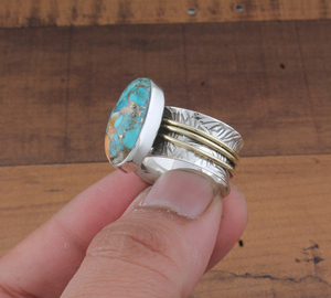 Anillo Ancho de Plata de Ley 925 con Turquesa Natural y Cobre, Joyería Clásica para Unisex, Venta al por Mayor - Product Image 5
