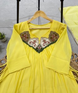 Robe de mariée indienne traditionnelle brodée jaune avec dupatta, robe en coton pour femmes, style ethnique 86938 LEMBOGEE- LG-2145 - Product Image 2