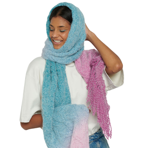 Écharpe longue en tricot ombré pour femme avec franges, dégradé rose-bleu, style décontracté pour l'automne, châle léger en acrylique - Product Image 5