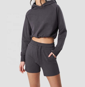 ชุดฮู้ดดี้และกางเกงขาสั้น ผ้าเทอร์รี่ถักลายเสือดาว ระบายอากาศได้ดี สปอร์ต ODM ผลิตตามสั่ง ซิปหน้า ไหล่ตก เอวยางยืด - Product Image 3