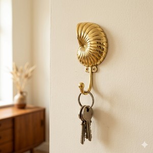 Brass Scallop Shell Decorative <b>Hooks</b> <b>Wall</b> Mount <b>Key</b> Rack and Towel <b>Hook</b> Metal Plant Pattern for Bathroom and Clothing Use - Product Image 1