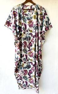 Nuevo Kaftán con Estampado Animal, Cuello en V, Cierre con Cordón, Manga Corta, Corte Ajustado, de Algodón Suave Indio, con Encaje, Largo Completo, para Mujer - Product Image 5