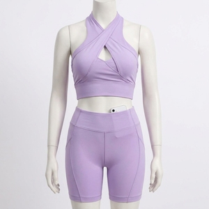 Conjunto de Top Deportivo y Shorts Morados para Mujer, Espalda Cruzada, Sin Costuras, para Yoga, Gimnasio, Ropa Deportiva, Etiqueta Privada Personalizada, OEM - Product Image 1