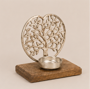 Handmade Tree Of Life Metal <b>Tea</b> Light Candle Holder On Rustic Solid Wood Base Decorative Table Centerpiece For Boho Home Decor - Product Image 1