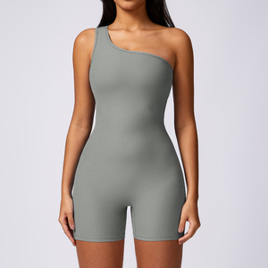 One-Shoulder Asymmetric Ribbed Black <b>Bodysuit</b> High Waist Shorts Seamless Spandex Polyester Yoga Wear - Product Image 5