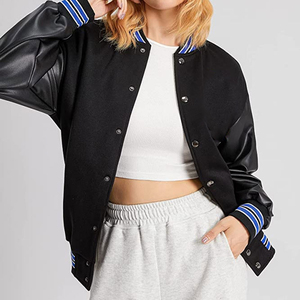 Top Fashion Varsity <b>Jacket</b> With PU <b>Leather</b> Sleeves And Blue Stripe Trim Full Sleeve Chenille Patches Embroidery Wool Letterman - Product Image 4