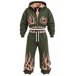 Conjunto Deportivo para Hombre con Estampado de Llamas en Serigrafía, 100% Algodón, Cremallera Completa, 450 Gsm, Sudadera Corta con Capucha, Pantalones Jogger, Corte Holgado Informal - Product Image 1