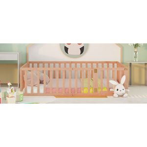 Letto a terra in legno naturale Queen Size per bambini con recinzione e porta (Vecchio SKU WF289663AAM) - Product Image 3