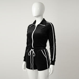 Ensemble de survêtement deux pièces en coton tricoté 100 % uni avec logo personnalisé pour l'été – Sweat-shirt zippé et short – Prix de gros pour femmes - Product Image 2