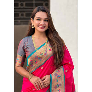 Sari en soie Paithani Yeola élégant et réversible, avec micro-décorations Meenakari contrastantes, tissé en Zari rose, séchage rapide, pour fêtes, style Asie, de la collection Elite Weaves - Product Image 2