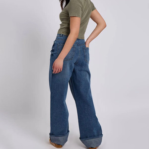 Jeans de mujer de talla grande de cintura alta y pierna ancha en azul oscuro, de algodón lavado a la piedra, casuales, de mezclilla de longitud completa con cierre de botones - Product Image 2