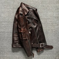 Herren Vintage Distressed Leder-Motorradjacke mit Mehreren Taschen, Gürtel und Robuster Hardware