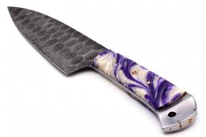 มีดเชฟเหล็กดามัสกัสทำมือ มีดทำครัว ด้ามจับเรซิ่นมุกสีม่วง - Product Image 6