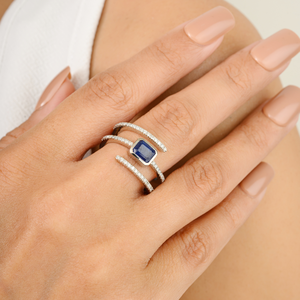 14K Solid <b>Gold</b> East West Blue Sapphire & Diamond Spiral <b>Cocktail</b> <b>Ring</b> Resizable - Product Image 3