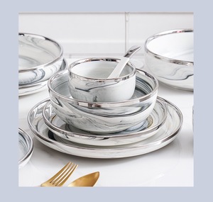 Meal <b>Set</b> >10-Person <b>White</b> Marble-Inspired Porcelain Dinnerware with Silver Rim BPA Free Durable Home Gifting - Product Image 2