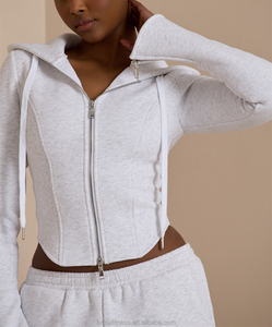 ชุดเซ็ตเสื้อแจ็คเก็ตมีซิปและกางเกงขาบานลำลองสำหรับผู้หญิง พิมพ์โลโก้ได้ตามต้องการ ผ้ากำมะหยี่มีฮู้ด ชุดวอร์ม 2 ชิ้น ผ้าฝ้าย 100% - Product Image 5