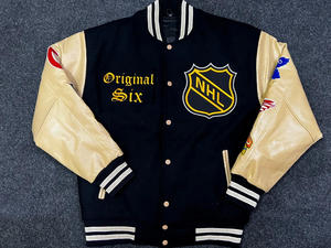 แจ็คเก็ตวาร์ซิตี้ขนสัตว์สีดำแบบกำหนดเองสำหรับผู้ชาย แขนหนังสีแทน ปะติดหลายชิ้น แจ็คเก็ตบอมเบอร์ขายส่ง ชุดยูนิฟอร์มเบสบอลแบบ Letterman - Product Image 2