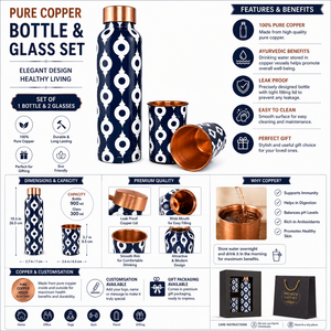 Premium Pure <b>Copper</b> Water Bottle and Glass Set 900ml Leak Proof Bottle with 2 <b>Copper</b> Glasses - Product Image 6