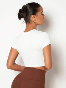 Sporty Slim Fit <b>White</b> Baby <b>Tee</b> Nylon Spandex Women's Shirts Cropped High Elasticity Breathable Yoga Top Activewear Summer Blouse - Product Image 2