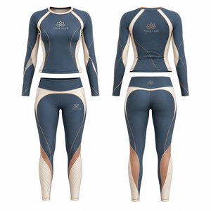 Yoga Club Women's 2 Piece Crew Neck Yoga Set Full Length Leggings Color Blocking Spandex Four-Way Stretch Mid Waist Breathable - Product Image 1