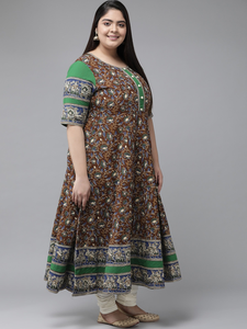 Kurti Anarkali en coton multicolores à col rond et manches courtes pour femmes grandes tailles, vêtements décontractés élégants - Product Image 3