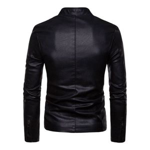 Men's Black PU <b>Leather</b> <b>Jacket</b> Moto Biker Style Stand Collar Zipper Closure Slim Fit Regular Length Solid Color Autumn Wear - Product Image 2