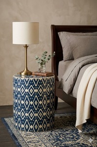 Blue Patterned Side <b>Table</b> Round End <b>Table</b> Farmhouse Accent <b>Table</b> for Bedroom Living Room Hotel Entry - Product Image 4