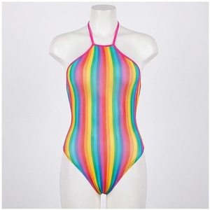 <b>Rainbow</b> Striped Halter One Piece Swimsuit Women Stretch Spandex Polyester Bathing Suit Contrast Binding Print - Product Image 1