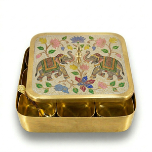Handcrafted Brass <b>Masala</b> <b>Box</b> with Owl Meenakari Art Decorative Spice Storage Container for Kitchen Dining Table Gift Use - Product Image 5