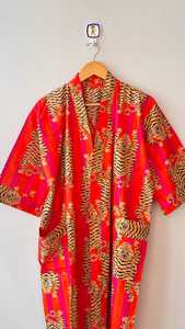 Robe longue pour femme à imprimé tigre rouge, manches trois quarts, col mandarin, vêtements de nuit décontractés, tissu tissé 100% coton - Product Image 6
