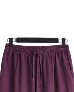 Ensemble deux pièces en lin bordeaux pour femme, chemise à manches longues boutonnée et pantalon large à taille élastique, tenue décontractée - Product Image 6