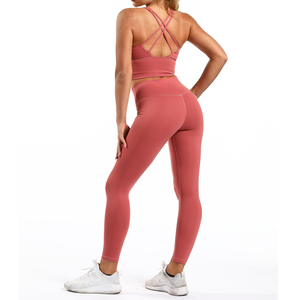 Women Yoga Set Pink Seamless Racerback <b>Crop</b> <b>Top</b> High Waist Full Length Leggings 2 Piece Activewear Set - Product Image 5