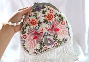 Pochette brodée bleu clair à motif floral avec chaîne de perles et fermoir à pression, sac à bijoux, sac de présentation, sac d'emballage - Product Image 2