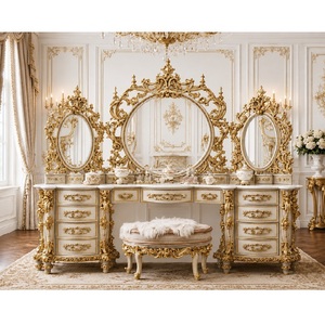 French Style Master Bedroom Dressing <b>Table</b> Set with Above 14 Drawers Solid Wood Luxury Vanity for Bedroom & Living Room - Product Image 1