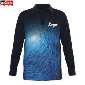 INDEX Men's <b>Long</b> <b>Sleeve</b> Fishing Shirt Sublimation Print UPF 50 Quick Dry <b>Blue</b> Fish Pattern Polo <b>Top</b> - Product Image 1