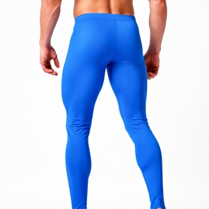 Leggings de compression intégrale pour hommes, bleu uni, en Spandex et Nylon, taille élastique, tissu extensible, pantalon d'entraînement pour la gym - Product Image 2