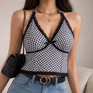 Women's Casual Seamless Halter Neck <b>Built</b>-<b>In</b> <b>Bra</b> Crop Top Lace Trim Gingham Pattern Soft Cotton-Spandex Blend Eco-Friendly - Product Image 2