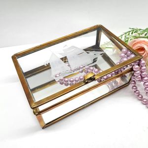glass jewelry box 3 compartment gold brass frame hinged lid trinket holder keepsake display <b>ring</b> earring <b>storage</b> mirrored bottom - Product Image 4