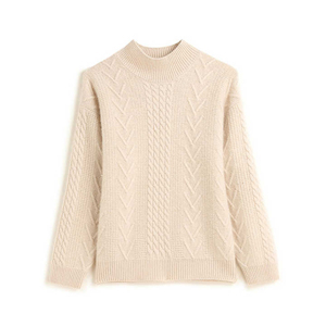 Women's Cream Cable Knit Crew Neck Pullover Long Sleeve Winter Sweater Anti-Pilling 100% Acrylic Knitted Geometric Pattern - Product Image 1
