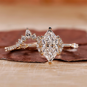 Marquise Diamond Bridal <b>Ring</b> <b>Set</b> 14K Yellow <b>Gold</b> Halo Engagement <b>Ring</b> and Matching Wedding Band - Product Image 1