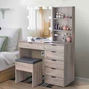 "Modern Wood MDF/Panel 6-Drawer 2-Shelf <b>Dressing</b> Table Set with Triamine Veneer 3 Light Bulbs Mirror Cabinet for Bedroom" - Product Image 2
