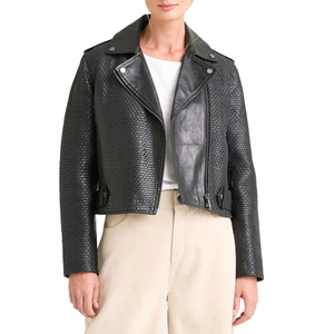 Women's Black PU Leather Moto Jacket Solid Color Zipper Closure Full Sleeve Turn-<b>down</b> Collar Regular Fit Autumn Style - Product Image 1