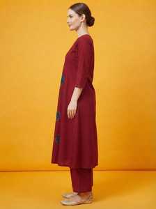 Women's Maroon Cotton Quick Dry A-Line <b>Kurti</b> Pant Suit Set Regular Fit Knee-Length Traditional <b>Indian</b> Wear Casual All Seasons - Product Image 6